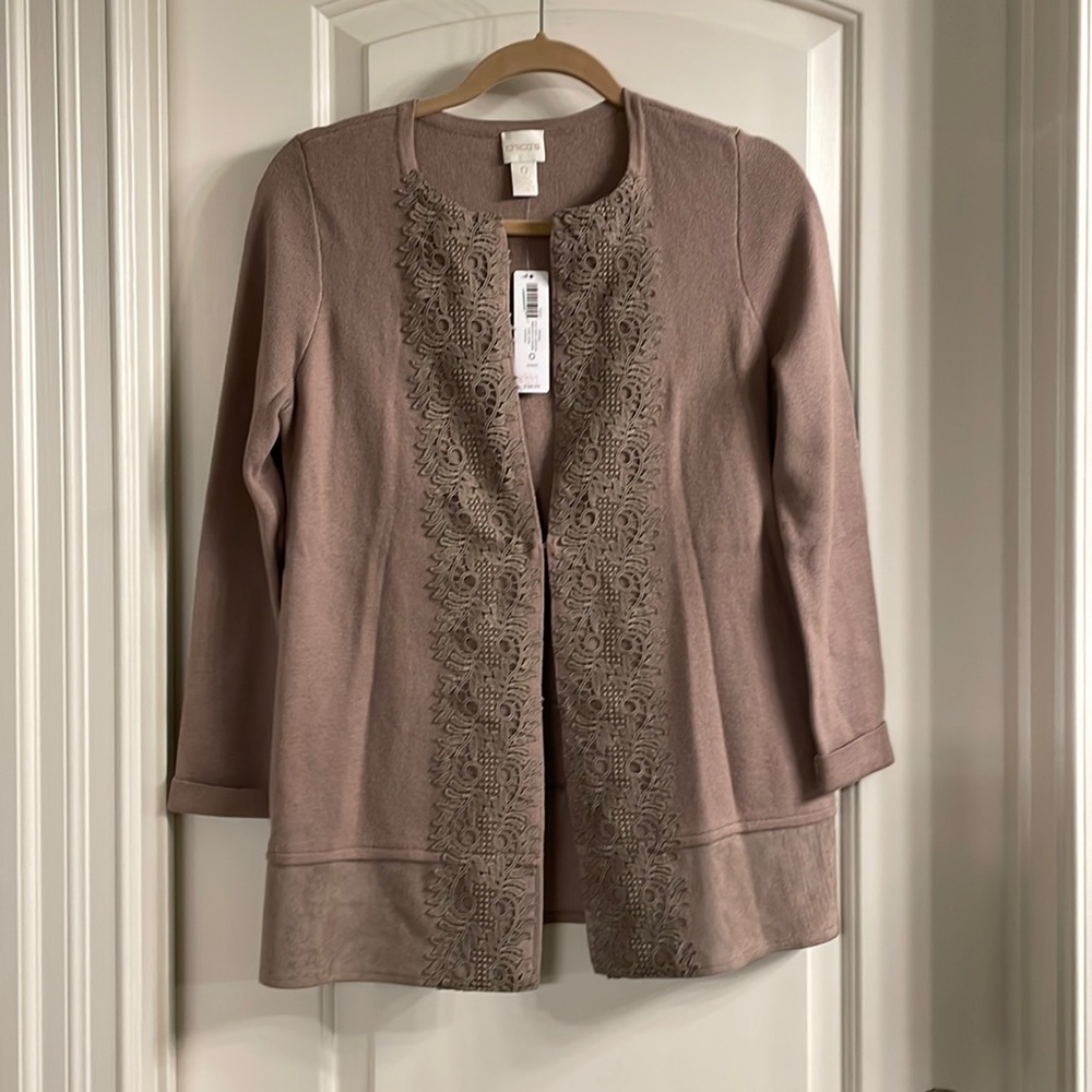 NWT Chico’s Taupe Lace Front Open Cardigan Sweater 0